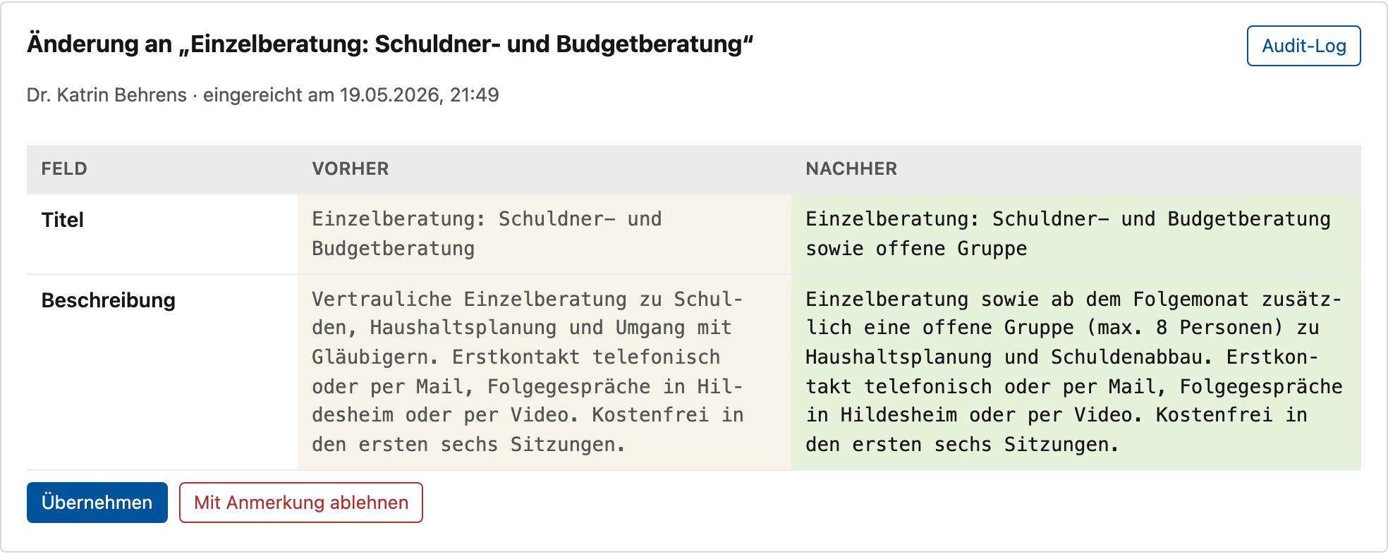 Ein Änderungswunsch zu einem veröffentlichten Angebot, dargestellt als Vorher-Nachher-Vergleich der Felder Titel und Beschreibung.