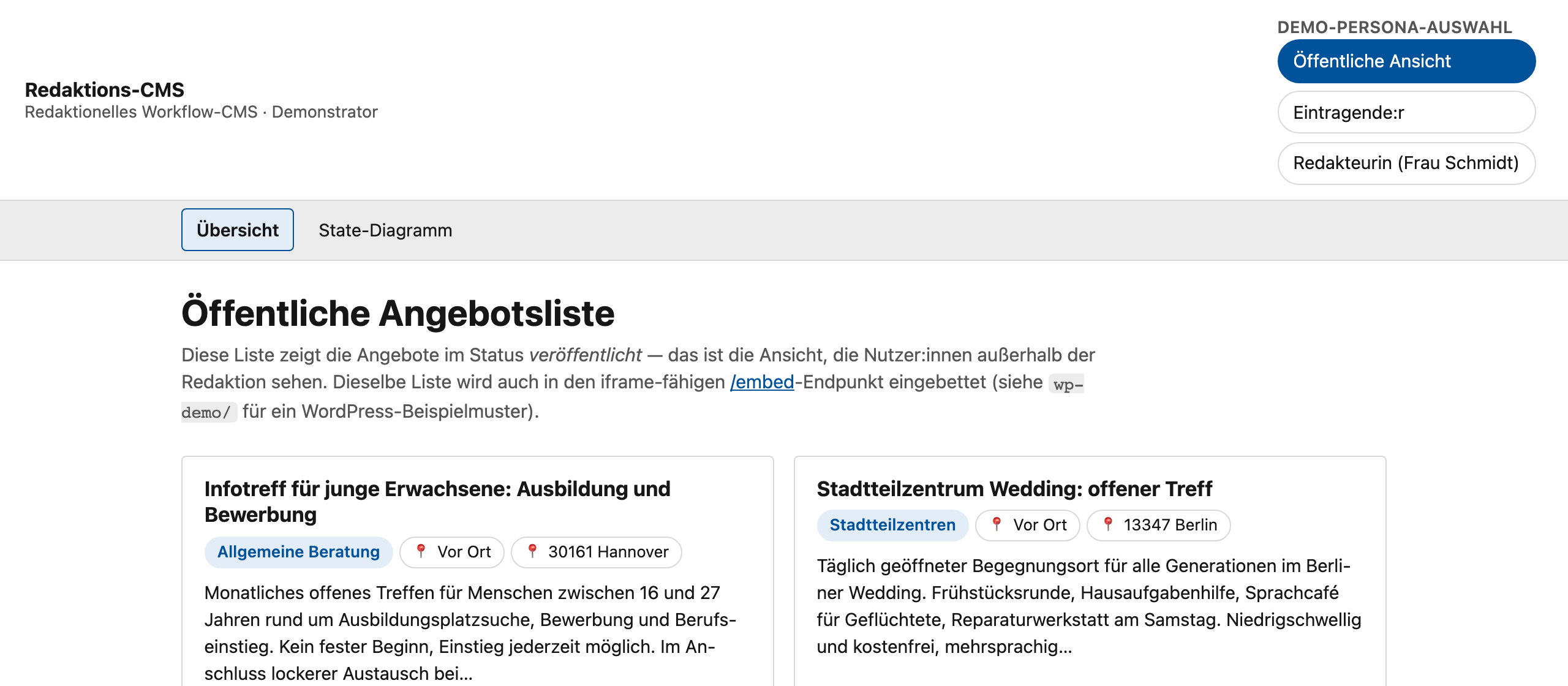 Kopfzeile des Redaktions-CMS mit einer Demo-Persona-Auswahl für öffentliche Ansicht, Eintragende und Redaktion, über der öffentlichen Liste veröffentlichter Angebote.