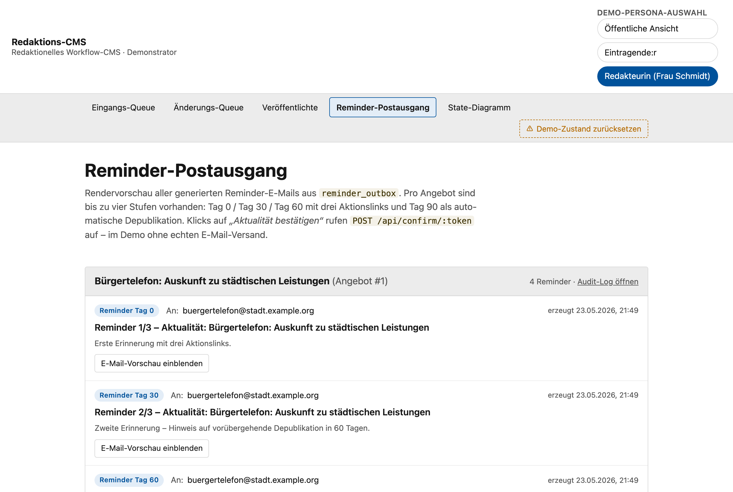 Der Vorschau-Postausgang der Reminder-Pipeline: erzeugte Reminder-Mails für ein Angebot über die Eskalationsstufen Tag 0 / 30 / 60 / 90.