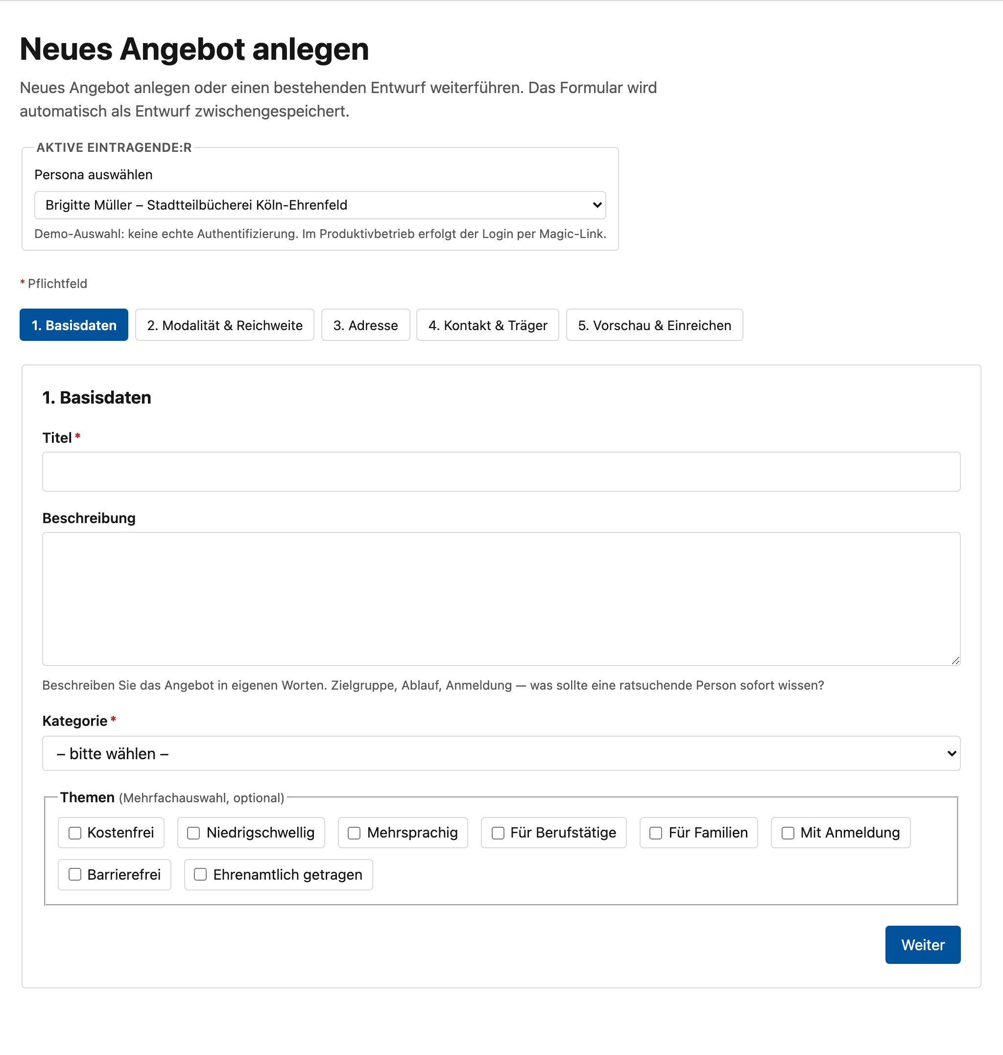 Das fünfstufige Formular „Neues Angebot" der Eintragenden, im ersten Schritt, mit Titel, Beschreibung, Kategorie und Zielgruppen-Auswahl.