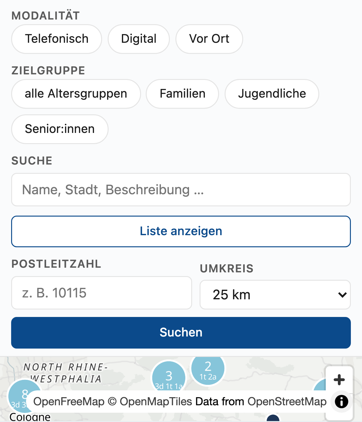 Die Angebotskarte auf einem Smartphone-Bildschirm: die Filtersteuerung stapelt sich vertikal über der Karte.